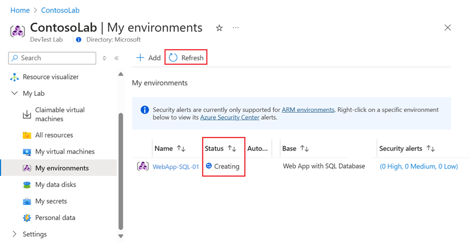 Screenshot che mostra come visualizzare lo stato del provisioning per l'ambiente lab.
