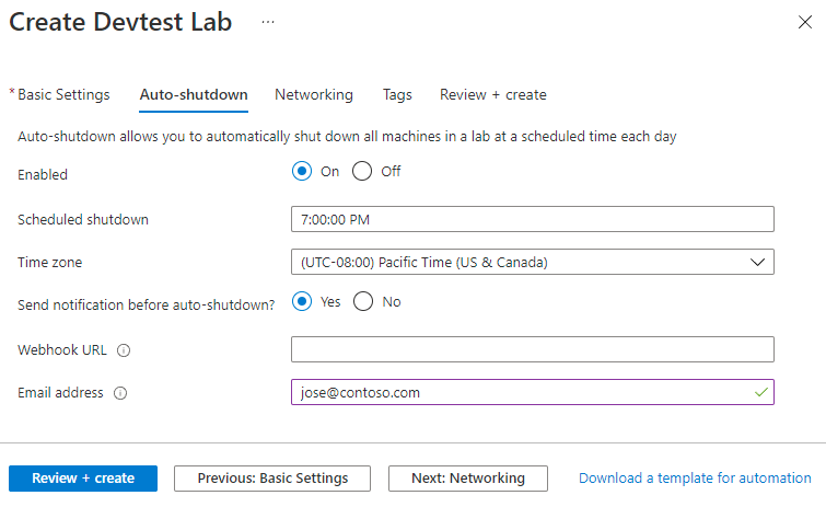 Screenshot della scheda Arresto automatico nel modulo di creazione di DevTest Labs.