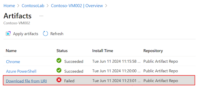 Screenshot che mostra un artefatto non riuscito per una macchina virtuale del lab.