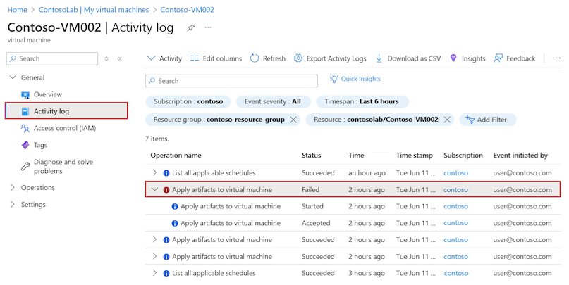 Screenshot che mostra come individuare la voce del log attività per un artefatto non riuscito su una macchina virtuale del lab.