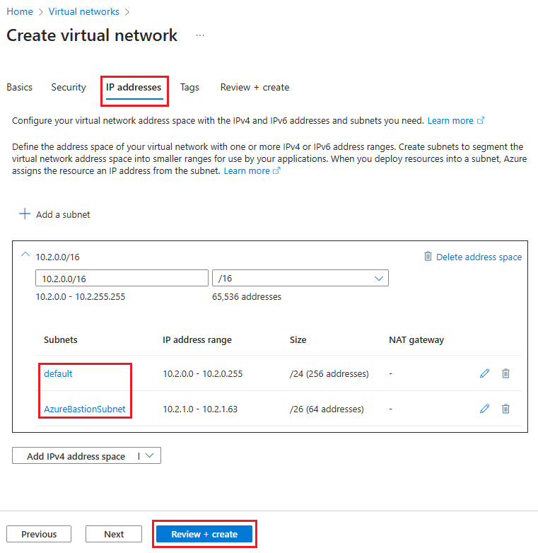 Screenshot che mostra la creazione della subnet AzureBastionSubnet.