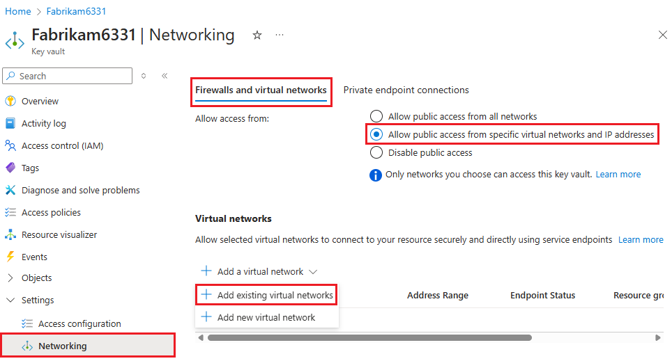 Screenshot che mostra l'abilitazione di una rete virtuale e una subnet in un insieme di credenziali delle chiavi.