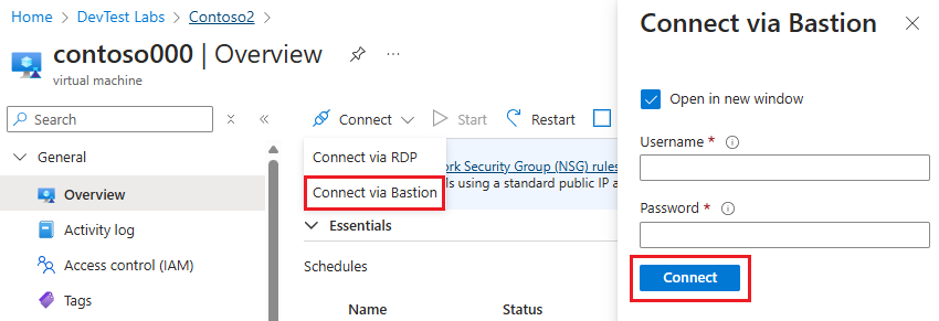 Screenshot del pulsante V M Connect e del file R D P scaricato.