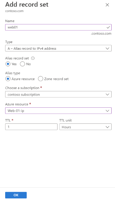 Screenshot dell'aggiunta di un record alias per fare riferimento all'indirizzo IP pubblico Azure del server Web usando la pagina Aggiungi set di record.