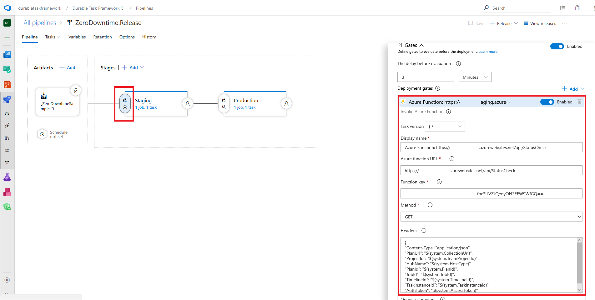 Screenshot di una configurazione del controllo di distribuzione di Azure Pipelines per la distribuzione senza tempi di inattività di Durable Functions.