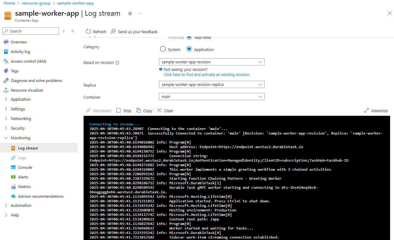 Screenshot del flusso di log del contenitore del nodo di lavoro nel portale di Azure.