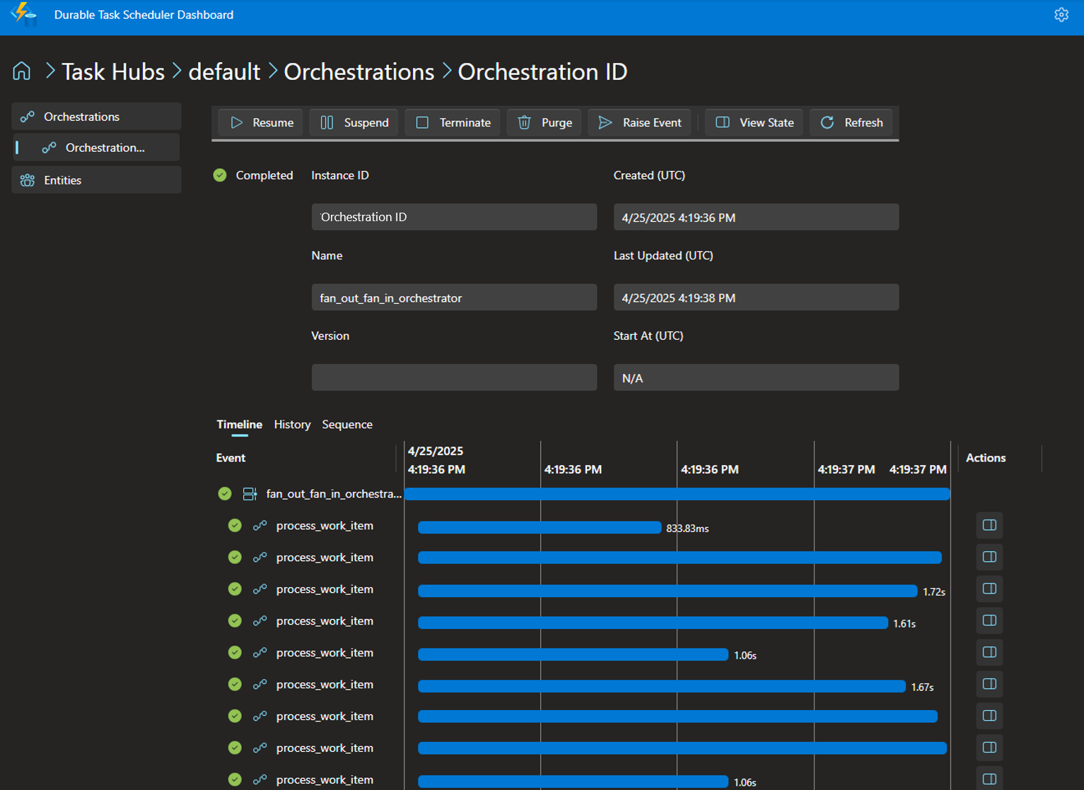 Screenshot che mostra i dettagli dell'istanza di orchestrazione per l'esempio Python.