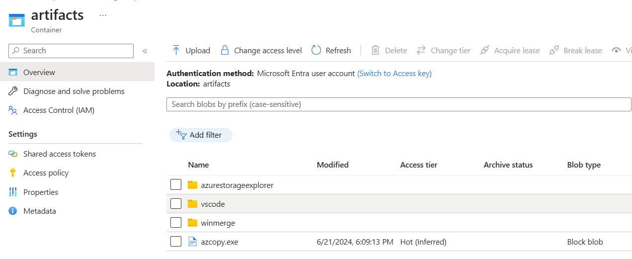 Screenshot che mostra la struttura dell'organizzazione del contenitore di archiviazione con più cartelle dell'app nello stesso contenitore e usando la stessa copia di AzCopy.exe.