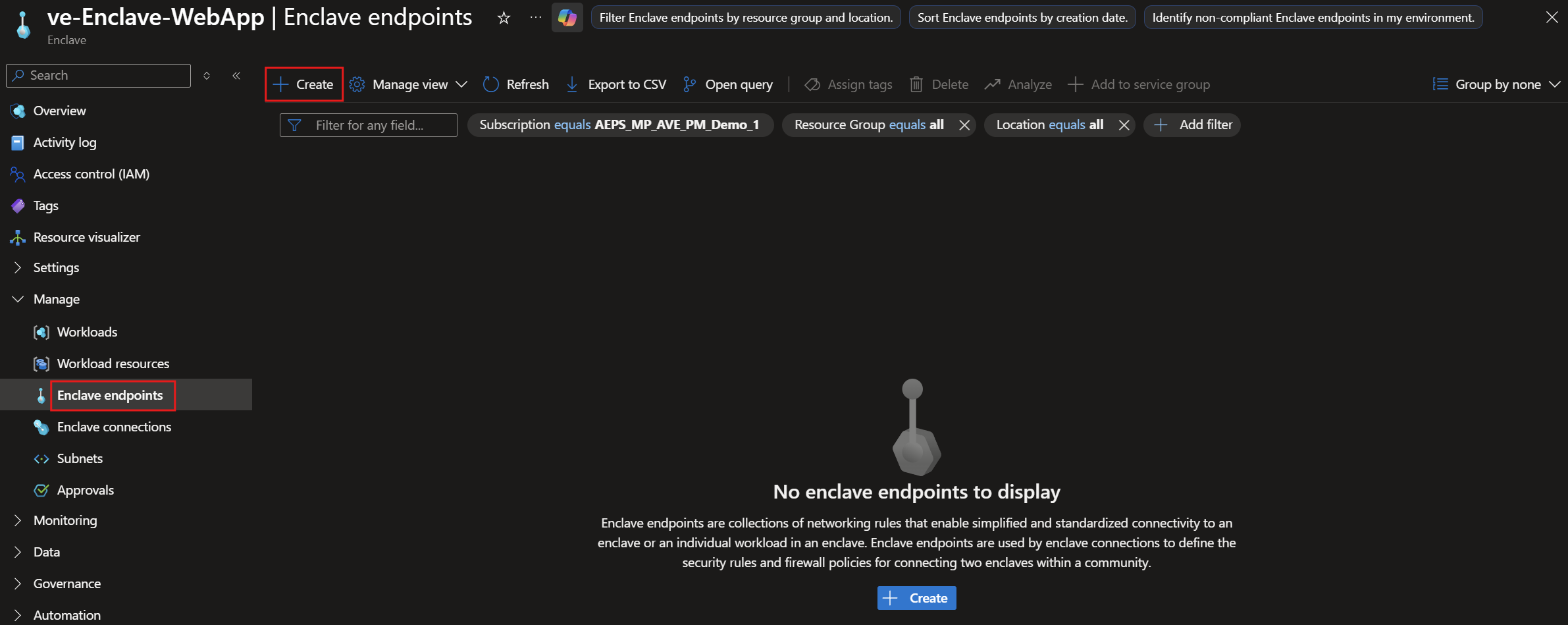 Schermata che mostra il pulsante di creazione evidenziato per gli endpoint dell'enclave.