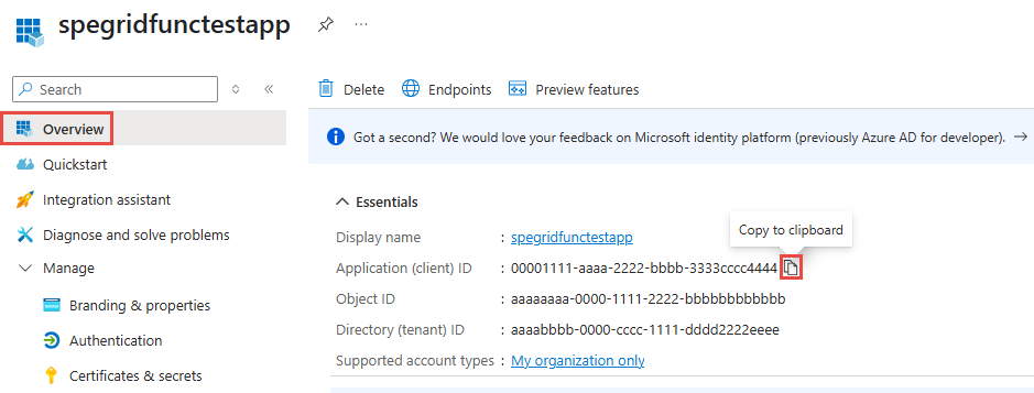 Screenshot che mostra la pagina di panoramica di un'app Microsoft Entra ID con l'ID applicazione (client) evidenziato.