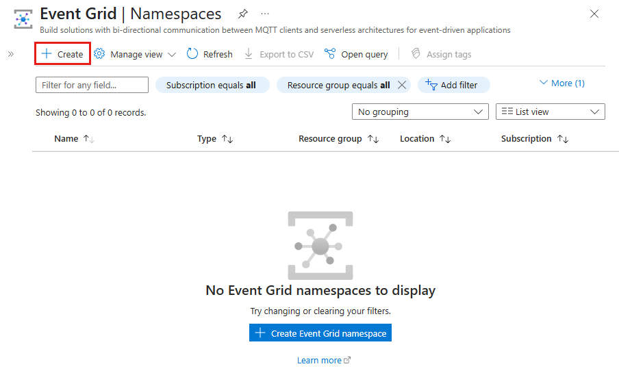 Schermata che mostra la pagina Namespace di Griglia di eventi con il pulsante Crea selezionato sulla barra degli strumenti.