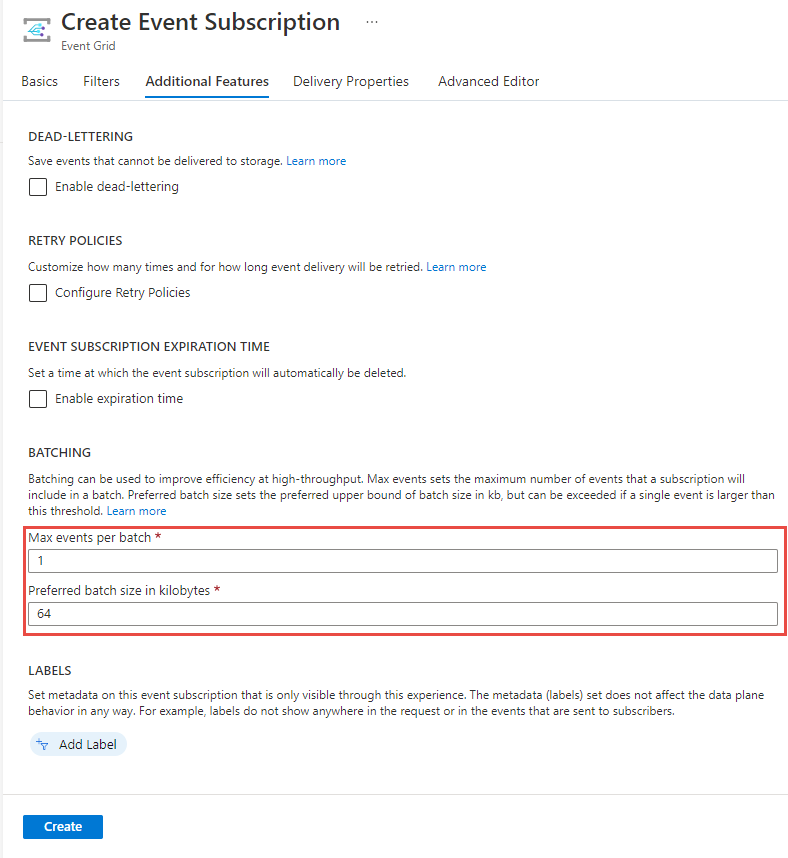 Screenshot della scheda Funzionalità Avanzate nella pagina Crea Abbonamento Evento che mostra le impostazioni del batch.