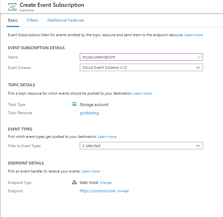Screenshot della selezione del tipo di endpoint webhook nel portale di Azure.