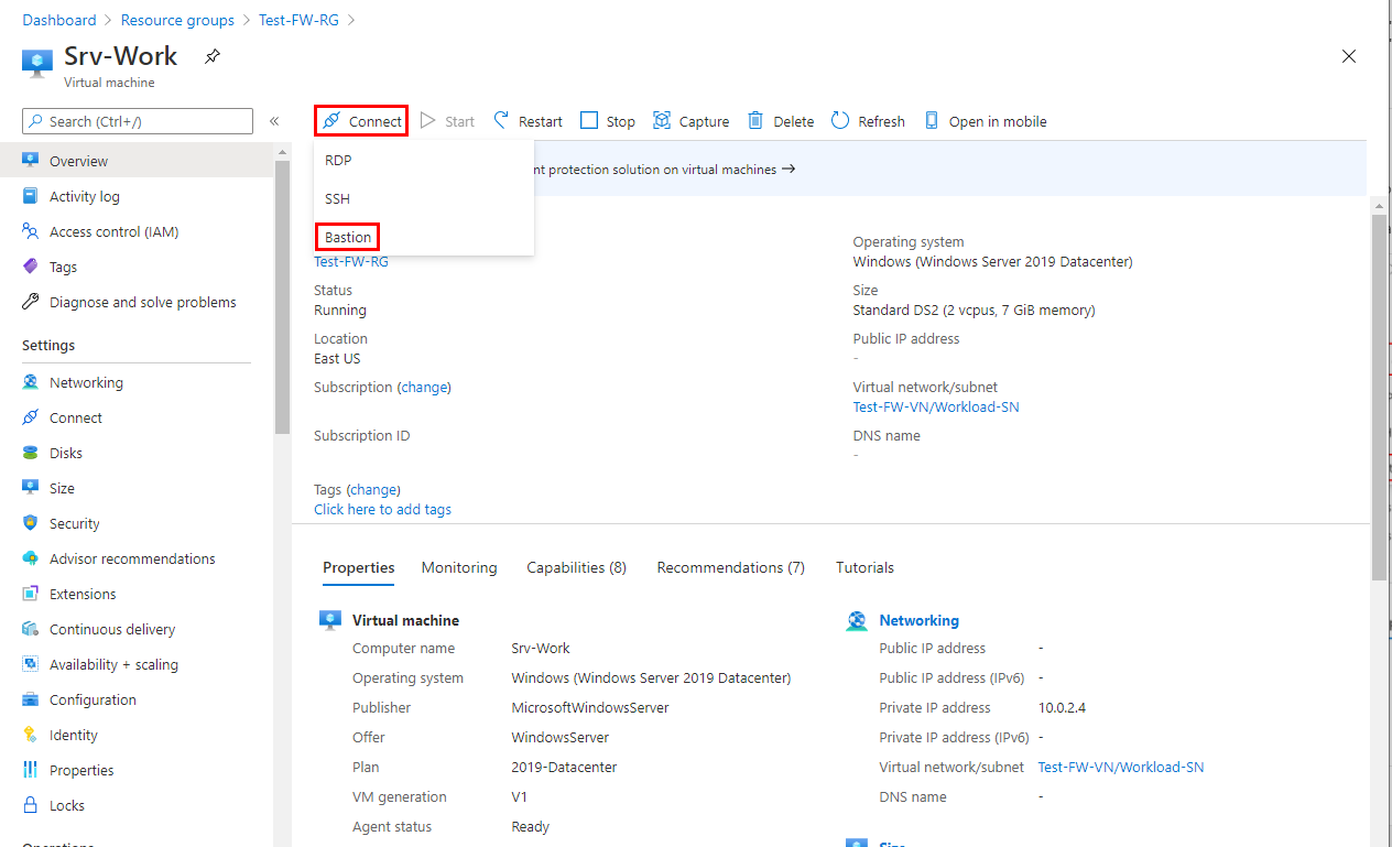 Screenshot che mostra la connessione alla macchina virtuale Srv-Work utilizzando Azure Bastion.