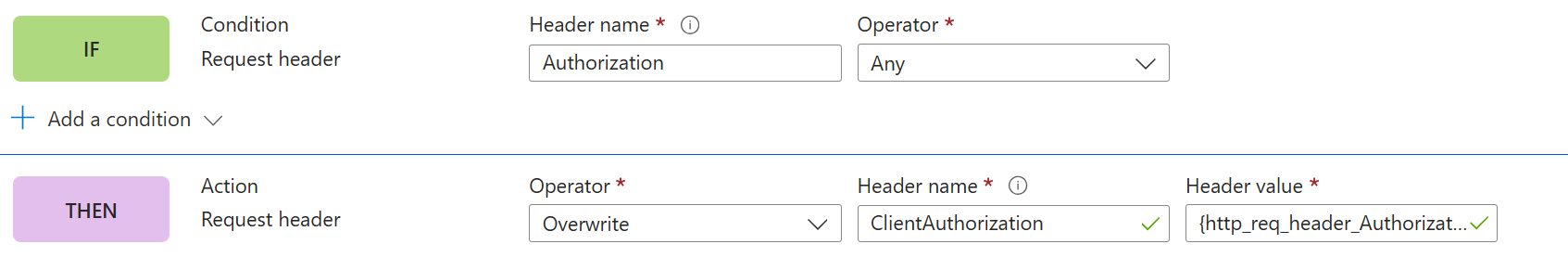 Screenshot della regola per l'invio del token client all'origine tramite un'intestazione diversa.