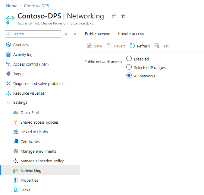 Screenshot che mostra le impostazioni predefinite del filtro IP del servizio Device Provisioning IoT nel portale di Azure.