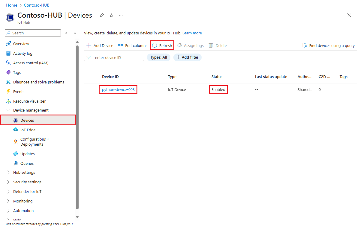 Screenshot che mostra che il dispositivo è registrato con l'hub IoT e abilitato per l'esempio Python.