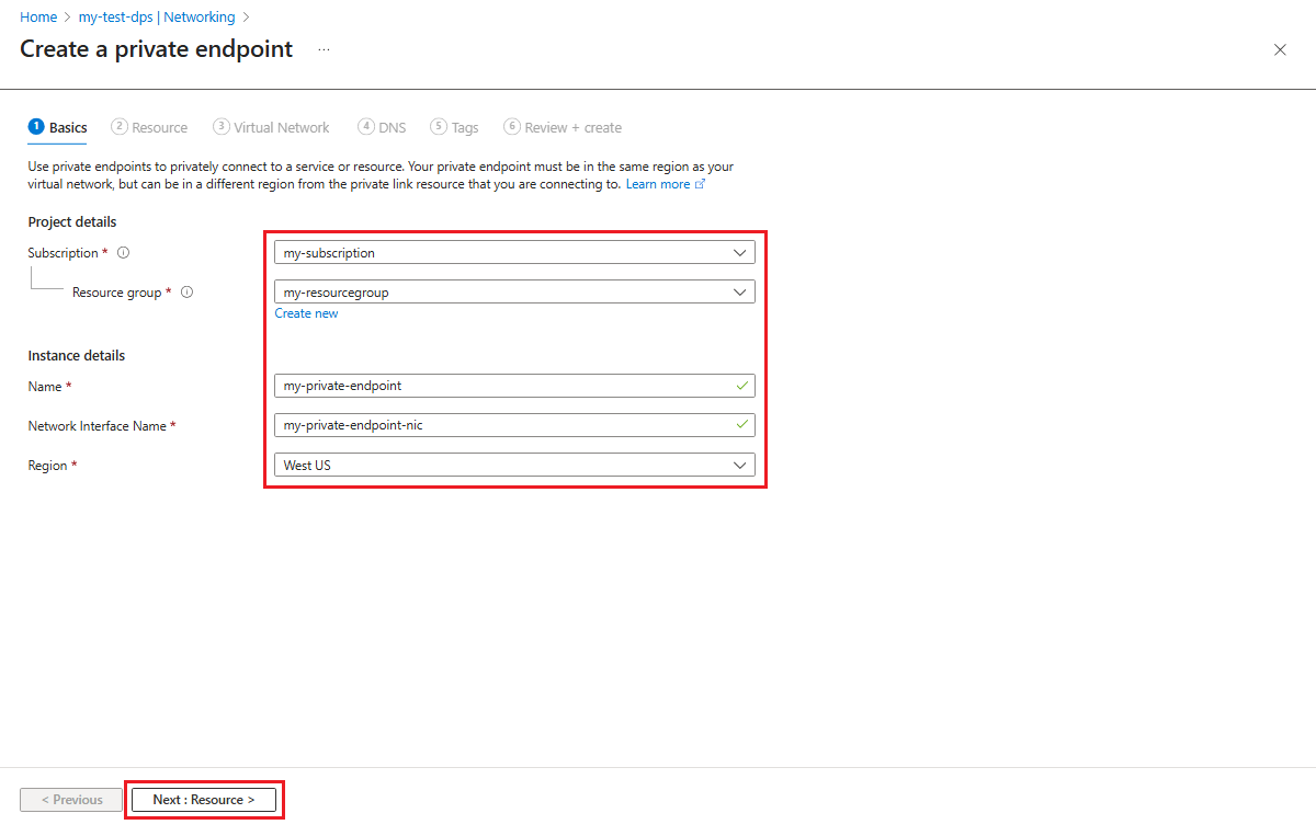 Screenshot che mostra la scheda Informazioni di base della pagina Crea un endpoint privato.