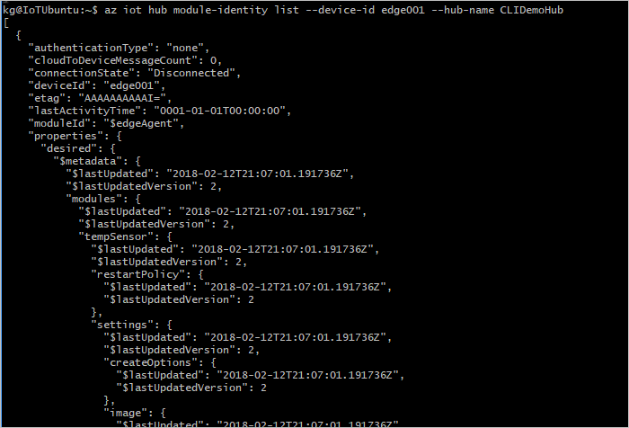 Screenshot che visualizza l'output del comando az iot hub module-identity list.