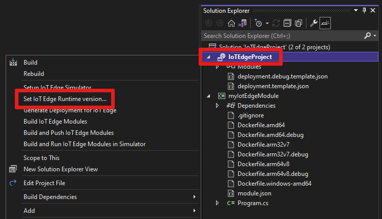Screenshot delle selezioni per impostare una versione del runtime di IoT Edge.