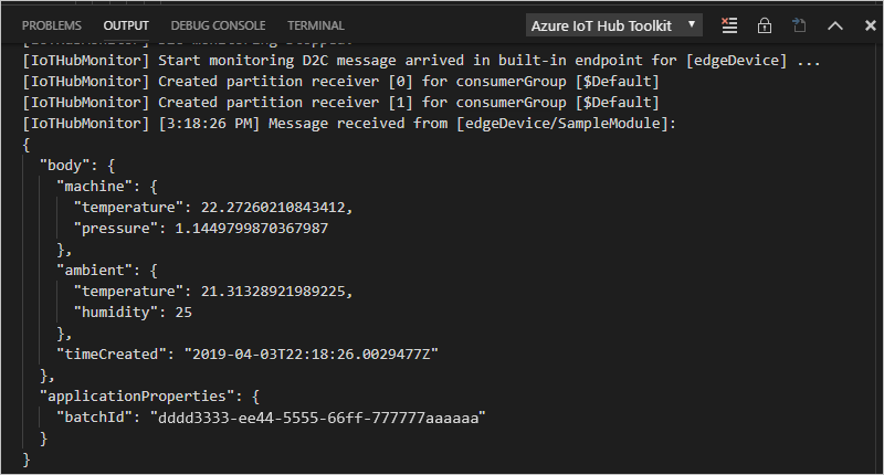Screenshot della finestra di output di Visual Studio Code che mostra i messaggi da dispositivo a cloud in arrivo.