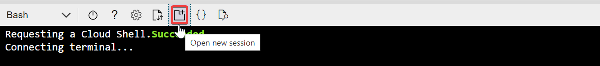 Screenshot che mostra l'apertura di un nuovo Cloud Shell session.