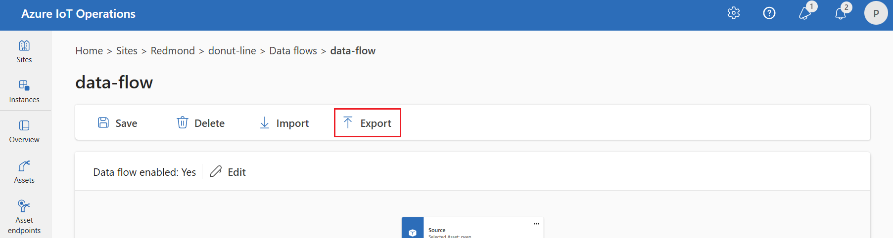 Screenshot dell'interfaccia dell'ambiente operativo che mostra l'opzione di esportazione per un flusso di dati configurato.