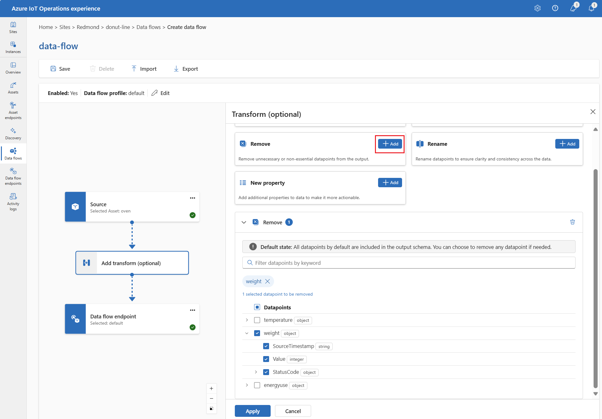 Screenshot che usa l'esperienza operativa per rimuovere il punto dati di peso dallo schema di output.