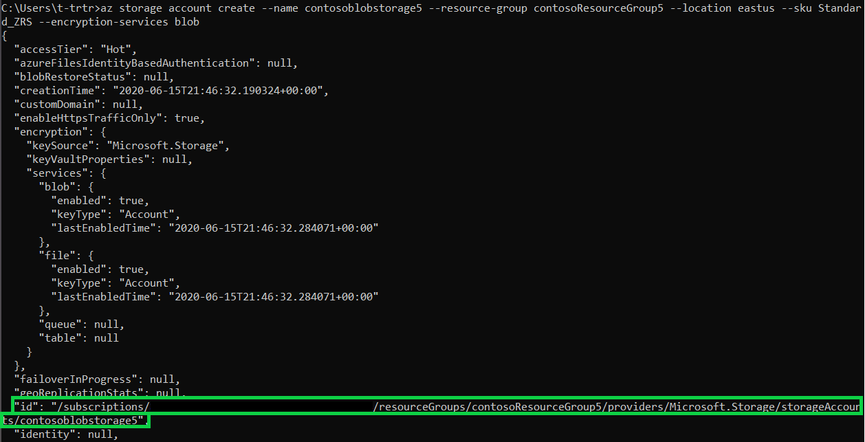Output della console del comando precedente. L'ID è evidenziato in verde per consentire all'utente di visualizzare.