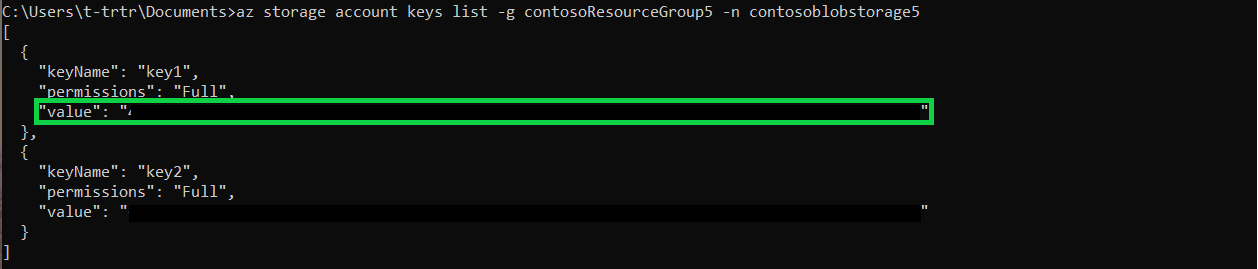 Output della console del comando precedente. Il valore di key1 è evidenziato in una casella verde.