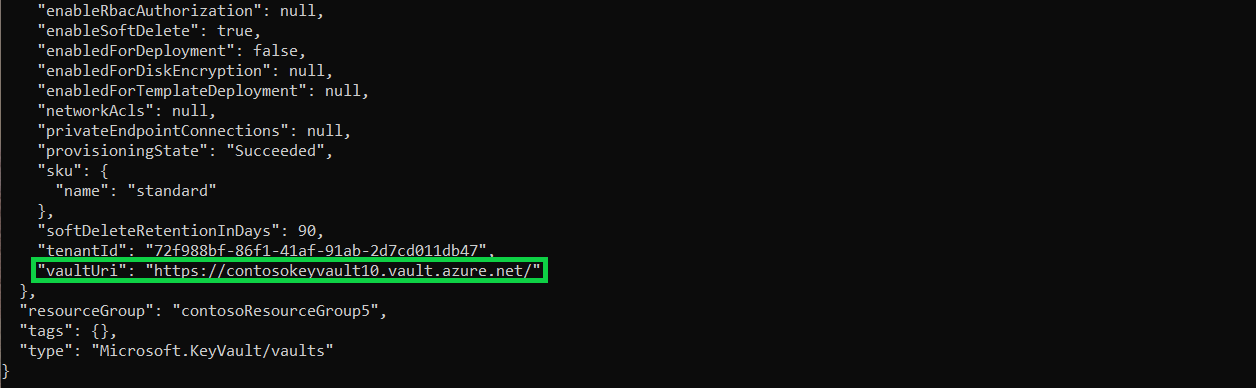 Output della console del comando precedente. ID e vaultUri sono entrambi evidenziati in verde per consentire all'utente di visualizzare.