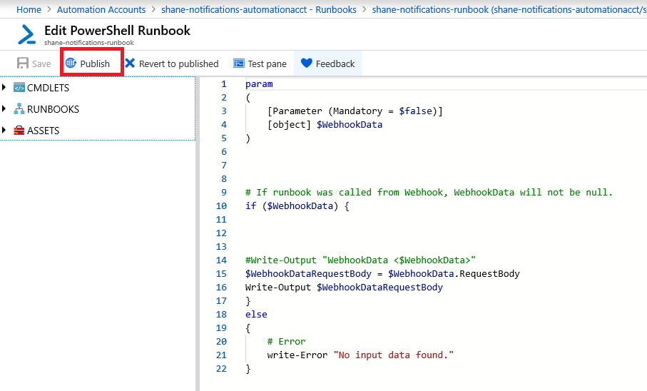 Pubblicare l'interfaccia utente del runbook