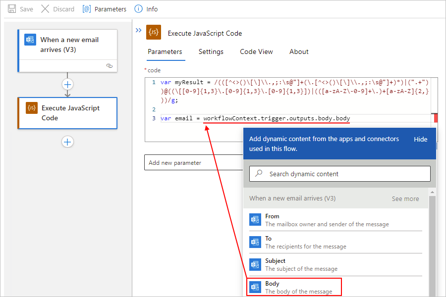 Screenshot che mostra il flusso di lavoro Standard, l'azione Esegui codice JavaScript, l'elenco di contenuto dinamico e la proprietà Body del messaggio di posta elettronica selezionata.