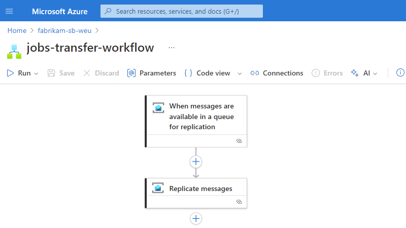 Screenshot che mostra la finestra di progettazione del flusso di lavoro con il flusso di lavoro sottostante.