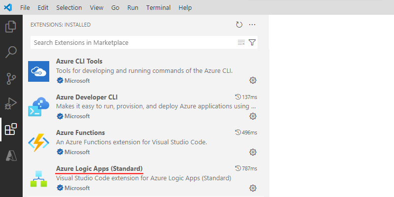 Screenshot mostra Visual Studio Code con l'estensione App per la logica di Azure (Standard) installata.