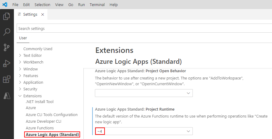 Screenshot delle impostazioni di Visual Studio Code per l'estensione Standard di App per la logica di Azure.