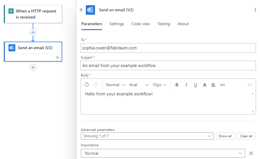 Screenshot che mostra informazioni per l'azione di Office 365 Outlook denominata Invia un messaggio di posta elettronica.