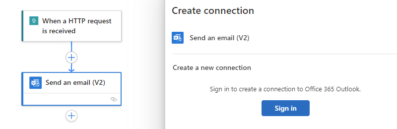 Screenshot che mostra le azioni denominate Invia un messaggio di posta elettronica (V2) con il pulsante di accesso selezionato.