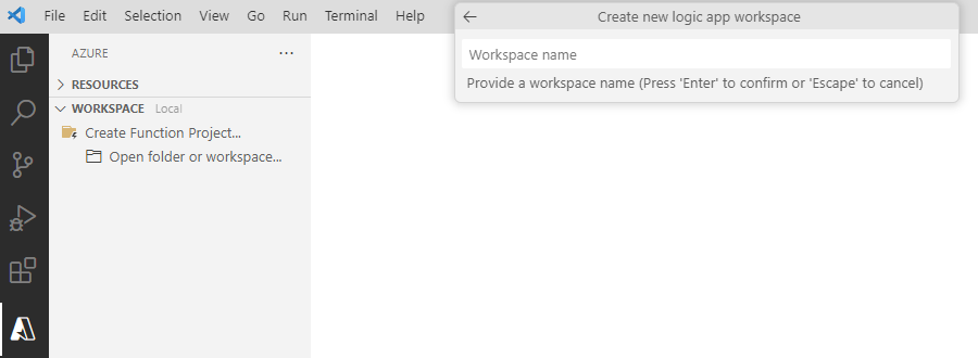 Screenshot che mostra la richiesta di specificare un nome dell'area di lavoro.