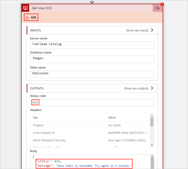 Screenshot che mostra un flusso di lavoro a consumo in cui un'azione di SQL Server presenta un errore 429.