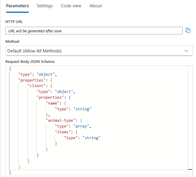 Screenshot che mostra lo schema JSON generato dal payload JSON di esempio.
