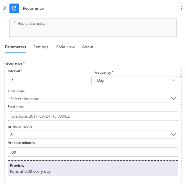 Screenshot che mostra il portale di Azure e la finestra di progettazione del flusso di lavoro con i parametri trigger Ricorrenza configurati.
