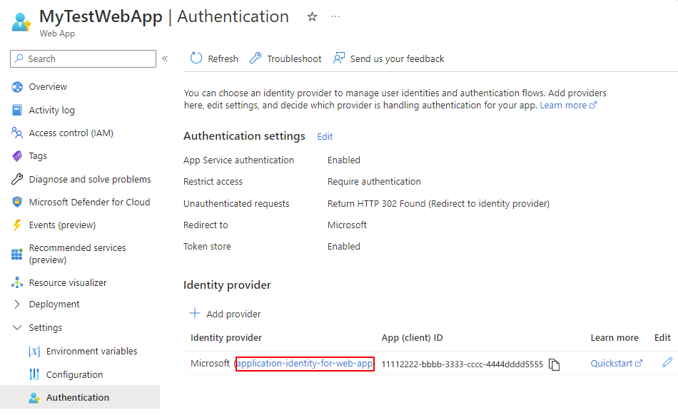 Screenshot che mostra la pagina Autenticazione aperta per l'identità dell'applicazione appena creata.