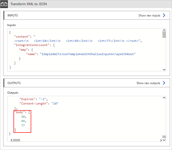 Screenshot che mostra un esempio di output per la trasformazione da XML a JSON.