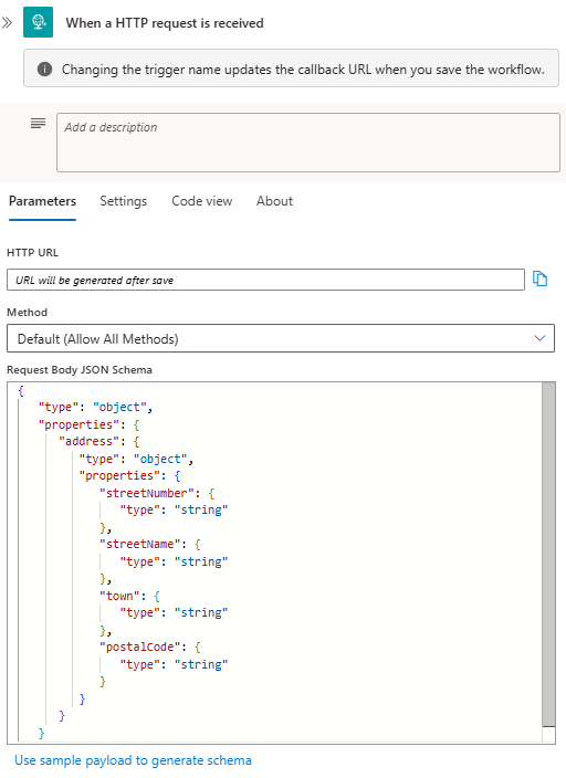 Screenshot mostra il flusso di lavoro Standard con il trigger di richiesta e il parametro Schema JSON del corpo della richiesta con schema di esempio.
