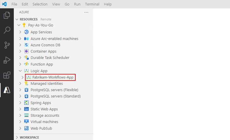 Screenshot che mostra la sezione Risorse di Visual Studio Code e la risorsa dell'app per la logica standard implementata.