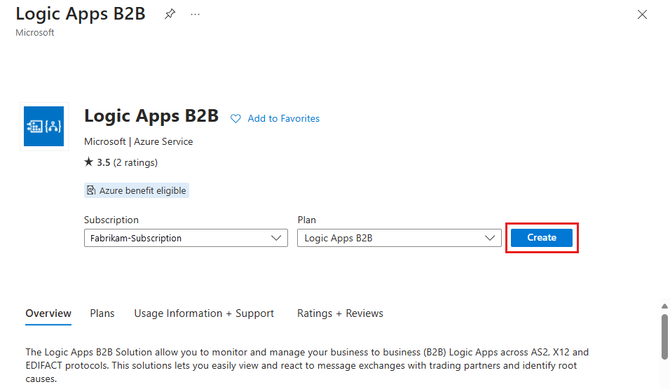 Screenshot che mostra la selezione dell'opzione Crea per aggiungere la soluzione B2B di Logic Apps.