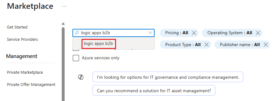 Screenshot che mostra il Marketplace dove è possibile cercare e selezionare le Logic Apps B2B.