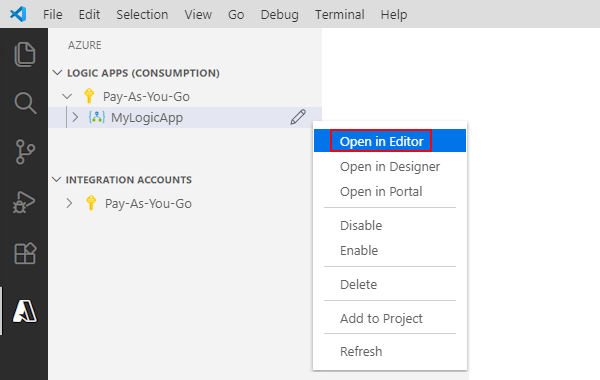 Screenshot che mostra la finestra di Azure, il menu di scelta rapida di Logic App e l'opzione Apri nell'Editor selezionata.