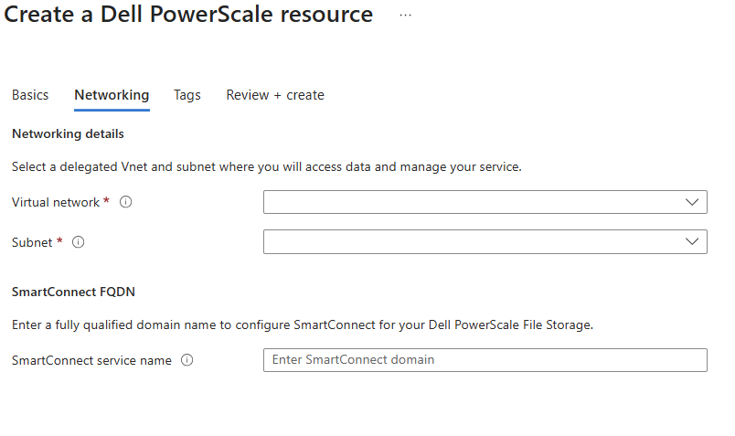 Screenshot che mostra la scheda Networking della pagina Crea una risorsa Dell PowerScale.
